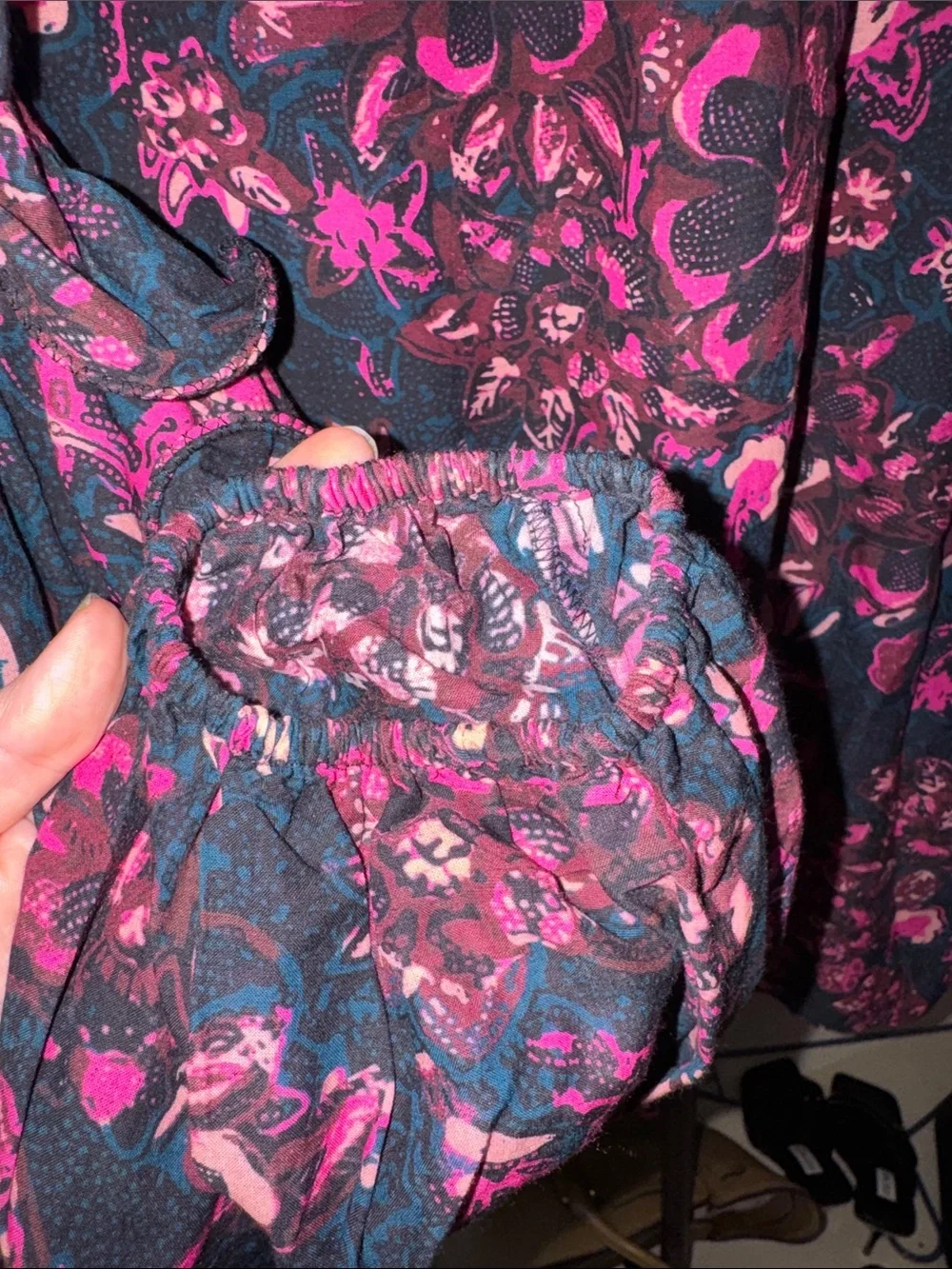 Ulla Johnson Navy Blouse with Pink Floral Print and Puff Sleeves